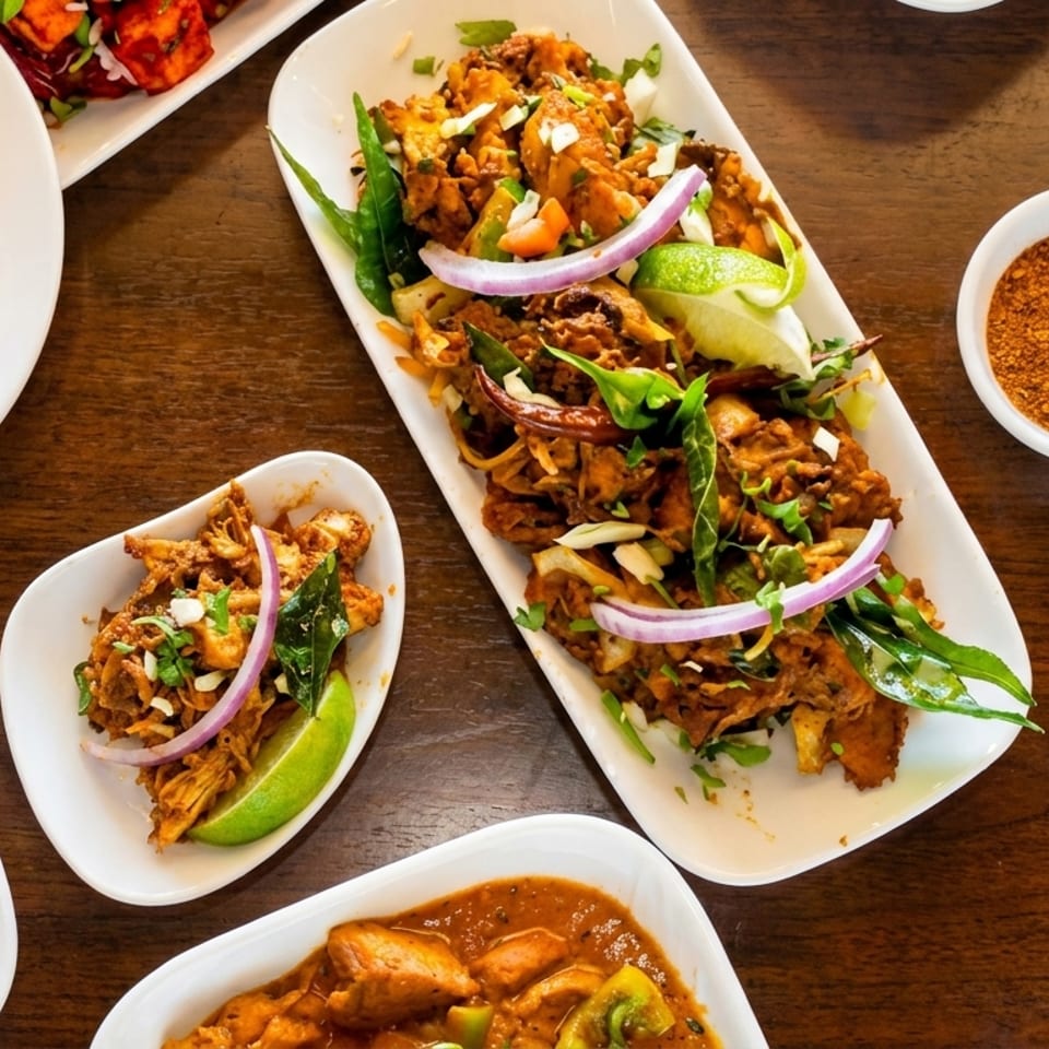 Overhead spread of colorful South Asian dishes, including curries, salad with lime, spiced dip, and orange dessert on a wooden table.