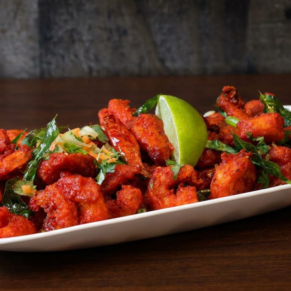 Plate of crispy red-fried appetizers garnished with curry leaves, herbs, vegetables, and a lime wedge.