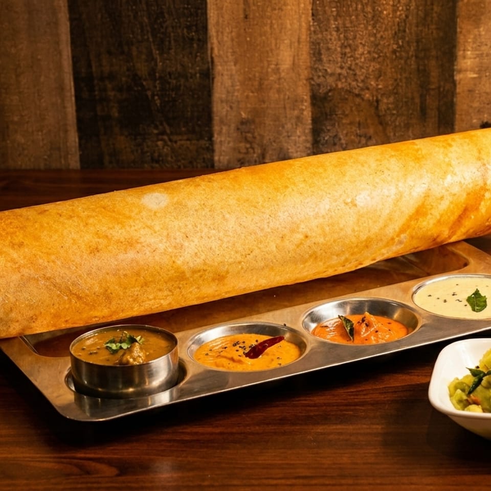 Golden South Indian dosa served with four chutneys and a bowl of spiced potato filling on a wooden table.