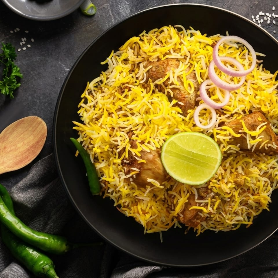 Overhead view of spiced biryani rice with chicken, lime, onion rings, and green chilies on a black plate.