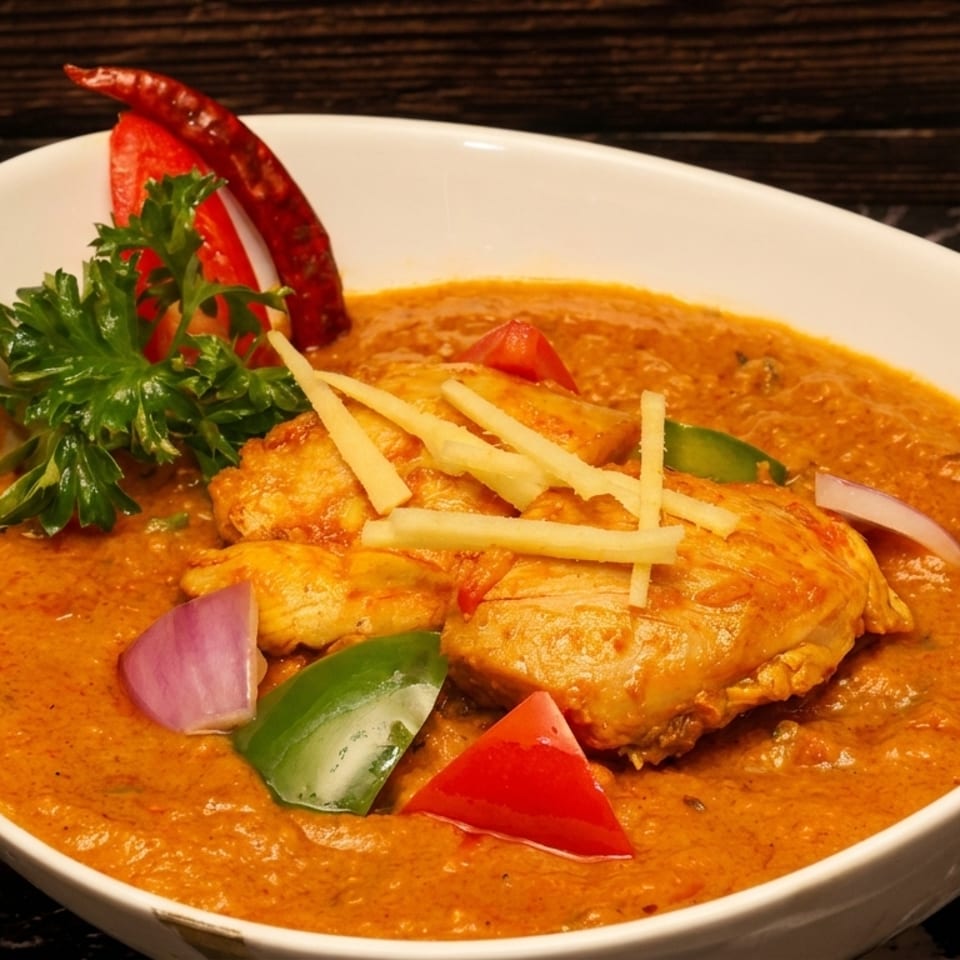 Bowl of creamy orange curry with chicken, bell peppers, red onion, ginger strips, parsley, and dried chili garnish.