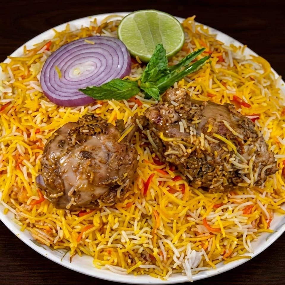 Plate of colorful biryani rice topped with two pieces of spiced meat, red onion, lime, and fresh mint.