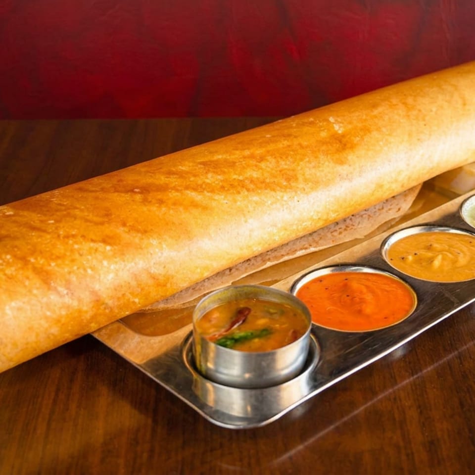 Crispy rolled dosa served on a wooden table with small bowls of sambar and colorful chutneys.