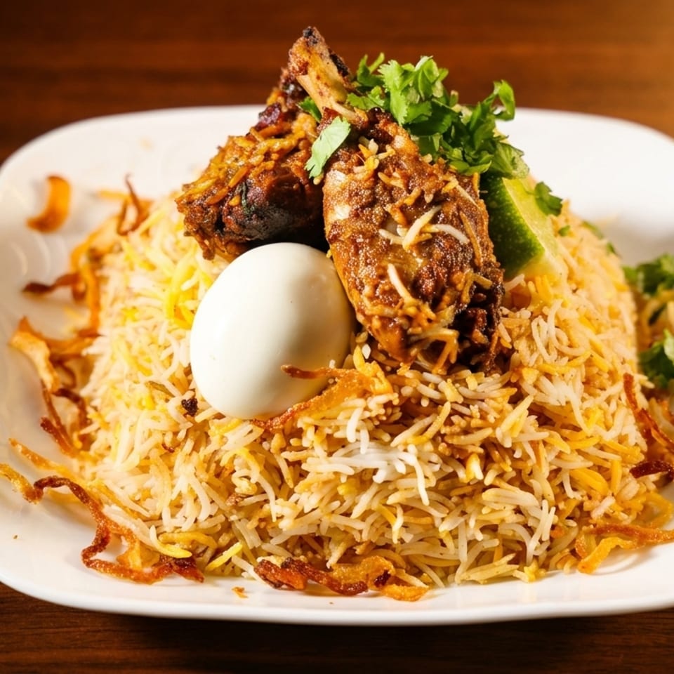 Plate of fragrant biryani rice topped with roasted chicken, boiled egg, cilantro, lime, and crispy fried onions.