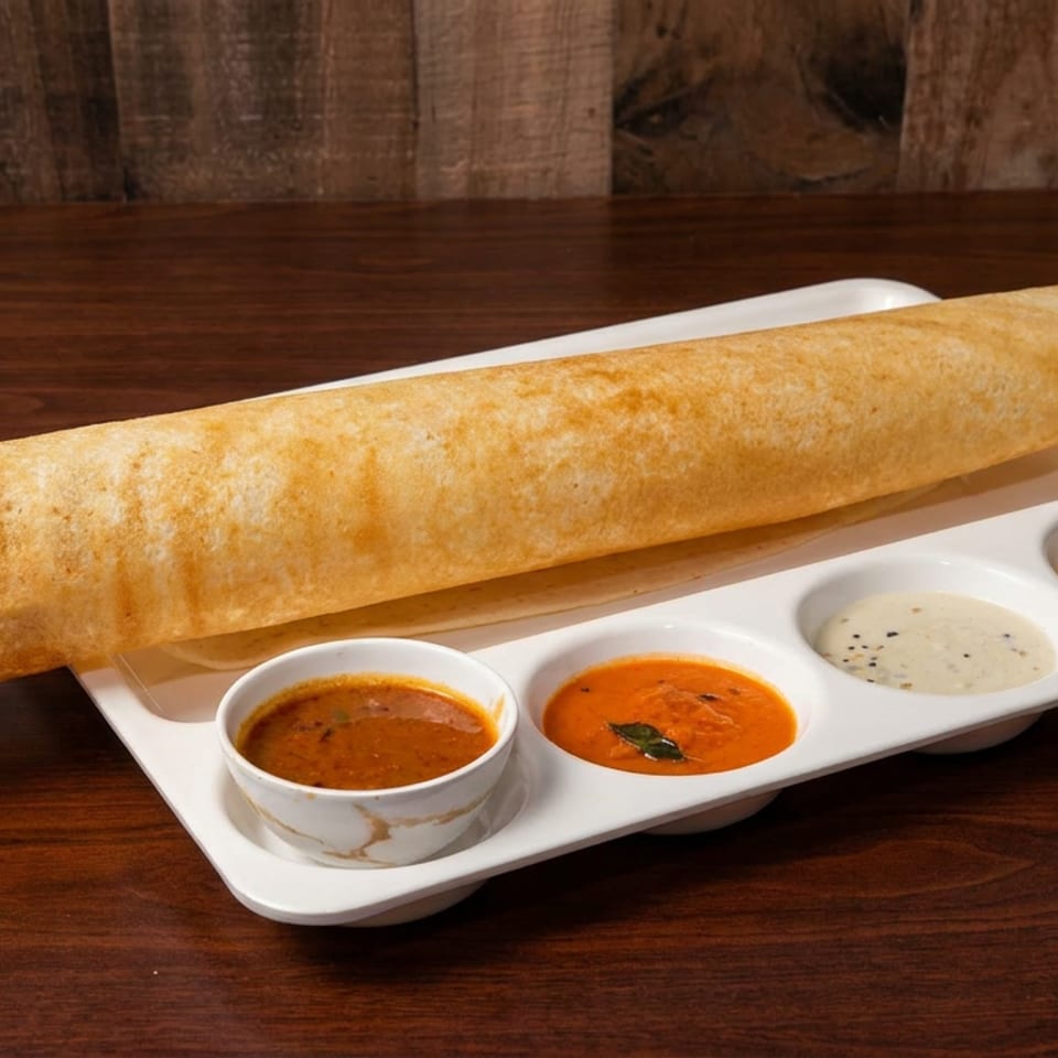 Crispy dosa served with four bowls of colorful chutneys and sambar on a white platter atop a wooden table.