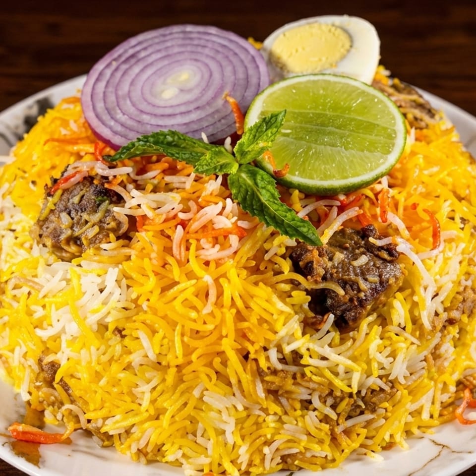 Plate of colorful biryani rice topped with meat, red onion, boiled egg, lime, and fresh mint.